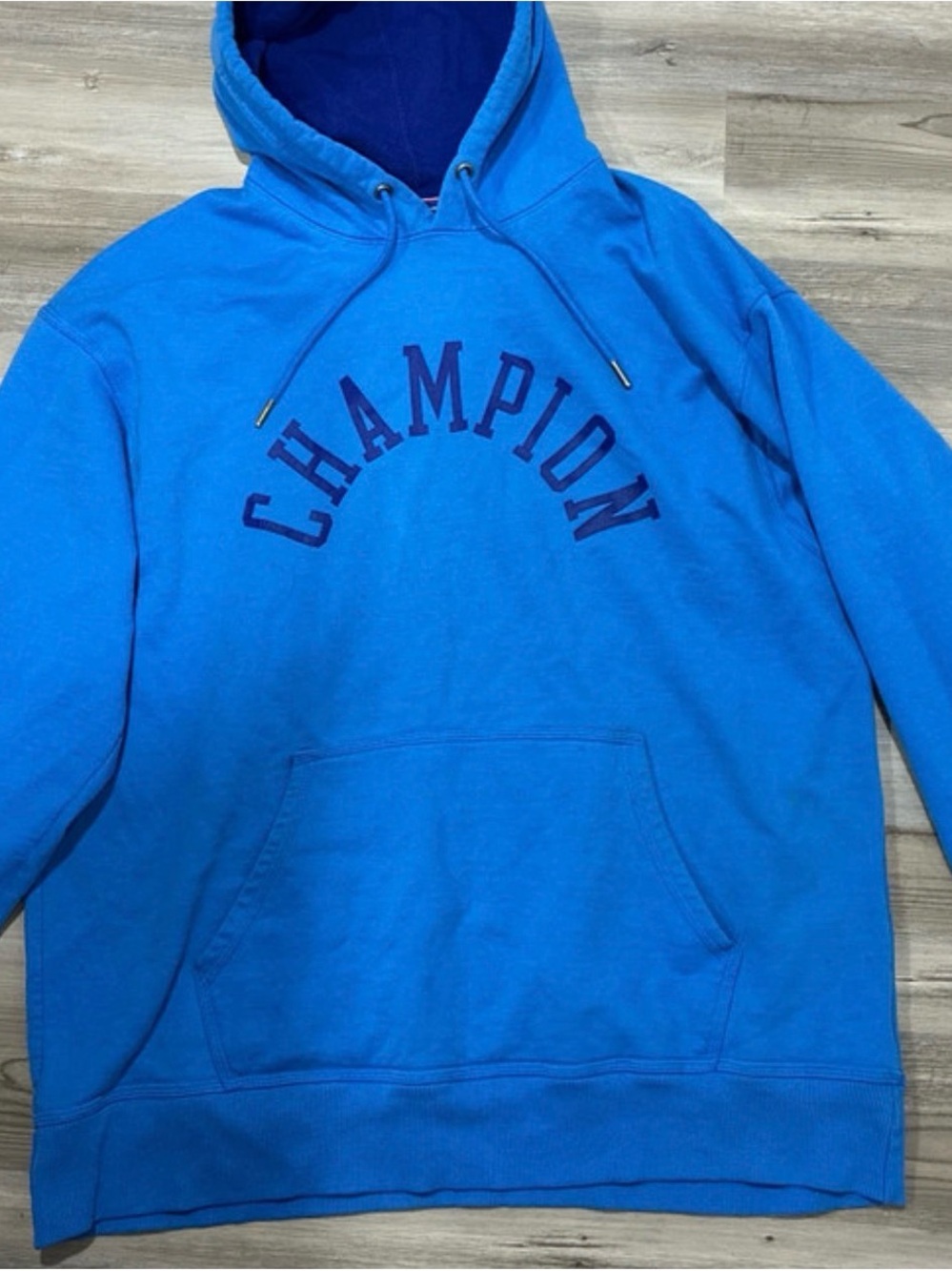 Champion Bright Blue Crewneck Hoodie with Navy Logo